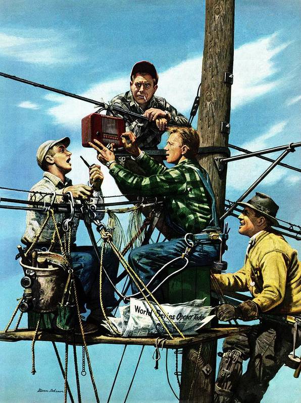 Linemen listen to world series art print by stevan dohanos