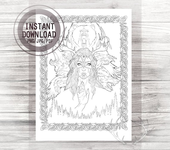 Shaman coloring page norse mythology viking shaman woman wolf bear raven helm of awe digital printable fantasy coloring books