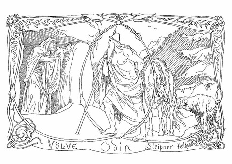 Vãlva odin sleipnir and helhound coloring page free printable coloring pages