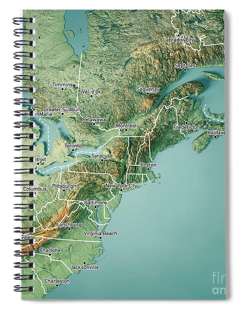 North east usa nova scotia d render topographic map color borde spiral notebook by frank ramspott