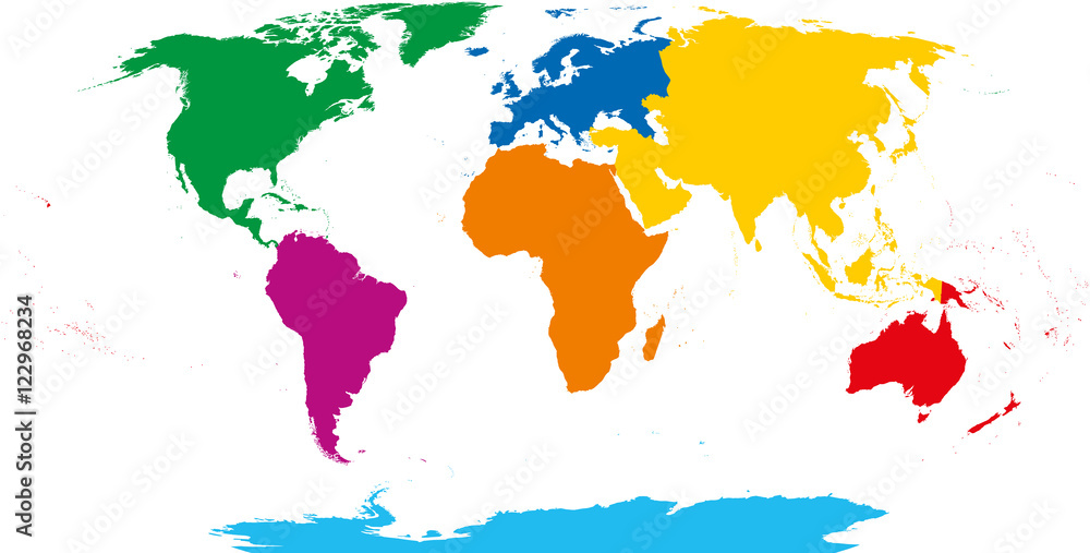 Seven continents map asia yellow africa orange north america green south america purple antarctica cyan europe blue and australia in red color robinson projection over white illustration vector