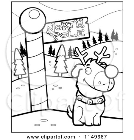 Cartoon clipart of a black and white rudolph dog by a north pole sign