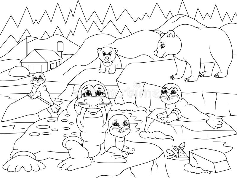 North pole landscape and wild animals raster page for printable children coloring book stock illustration