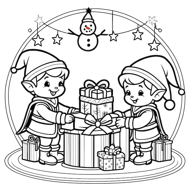 Premium ai image a cute christmas elf in the north pole prepares toys for children coloring for kids vector style