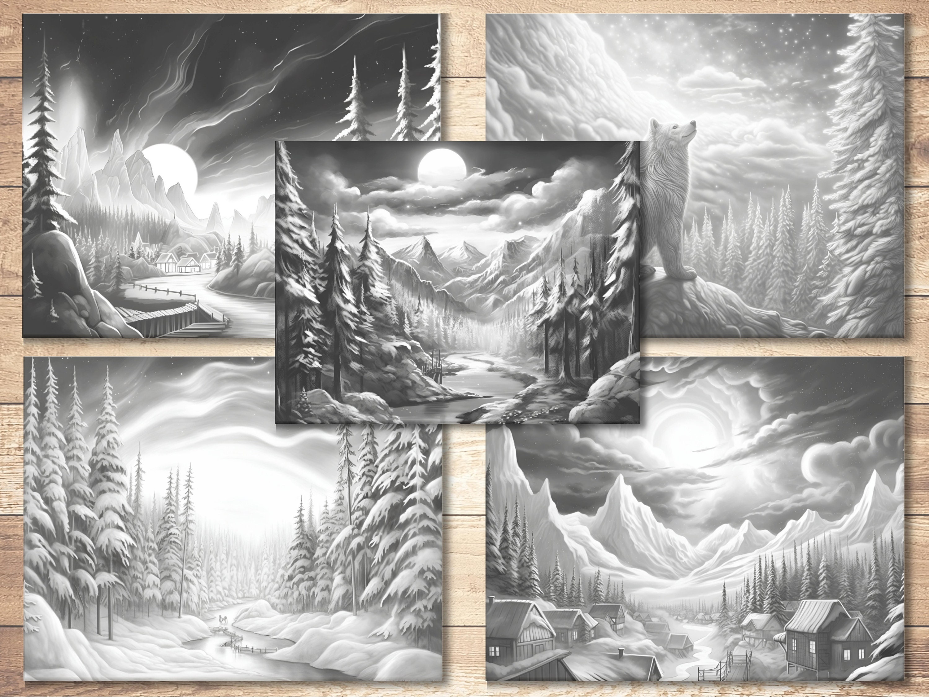 Aurora borealis coloring book grayscale adults and kids pages printable adult kid coloring page printable pdf file instant download