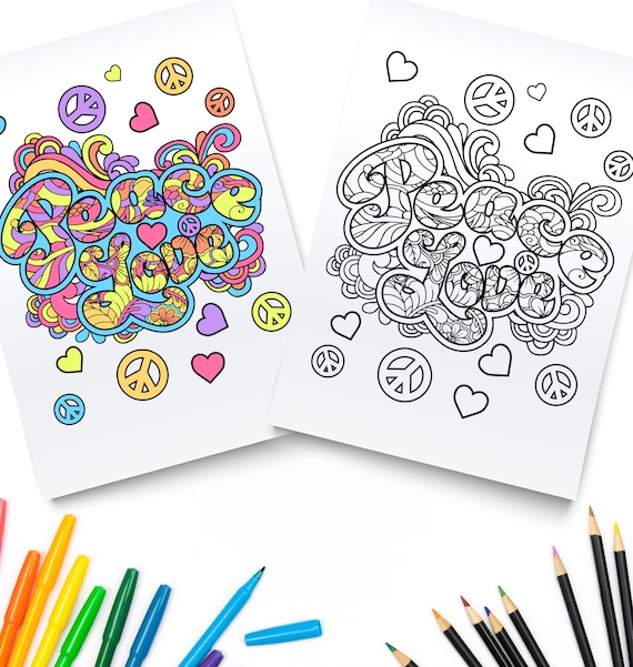 Peace love printable coloring pages digital download hippie coloring book