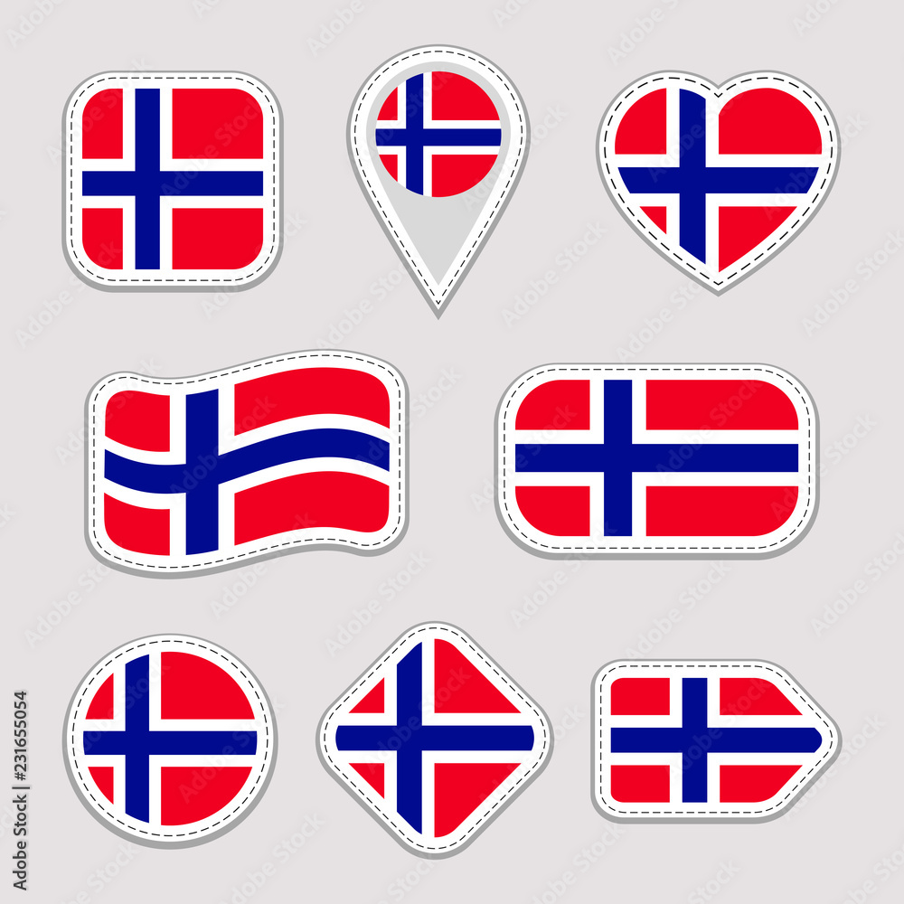 Norway flag stickers set norwegian national symbols badges isolated geometric icons vector official flags collection sport pages patriotic travel school design elements different shapes vector
