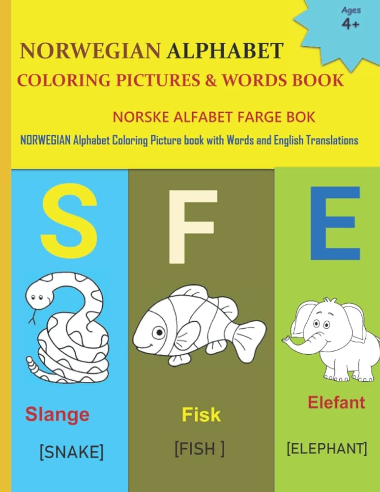 Norwegian alphabet coloring pictures words book norske alfabet farge bok norwegian alphabet coloring picture book with words and english and norwegian language learning books margaret mamma books