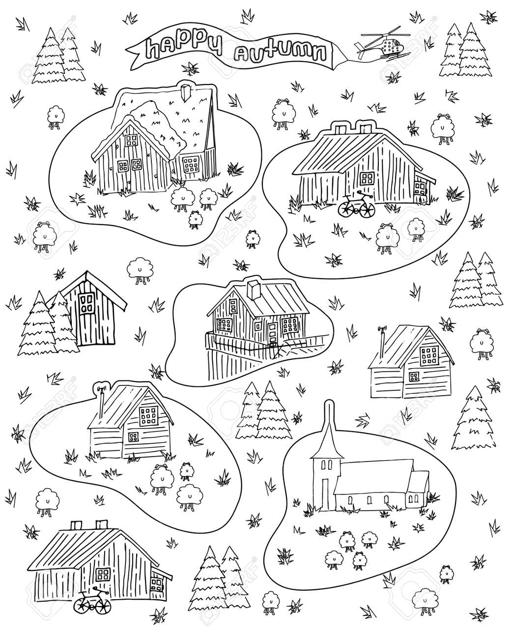 Set of black and white wooden scandinavian norwegian houses for coloring book royalty free svg cliparts vectors and stock illustration image