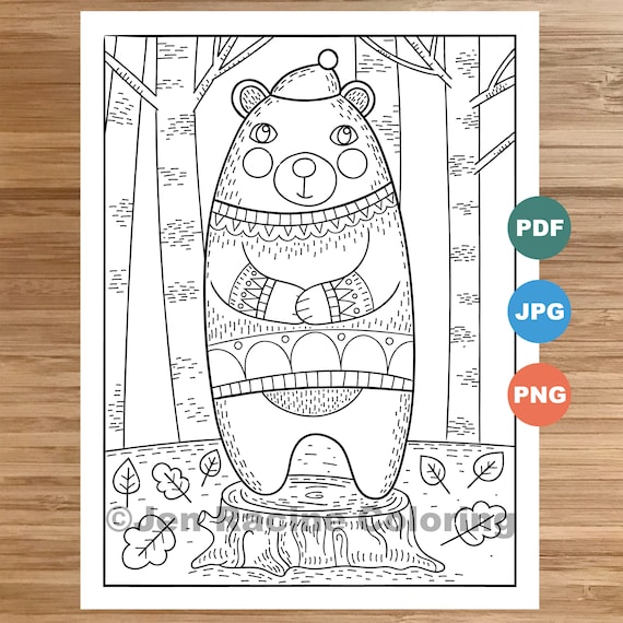 Woodland wonder coloring page bear in a sweater floral scandinavian forest cozy coloring coloring page for kids