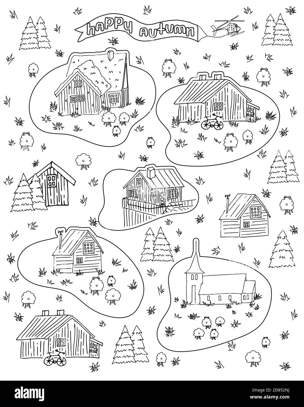 Set of black and white wooden scandinavian norwegian houses for coloring book stock vector image art