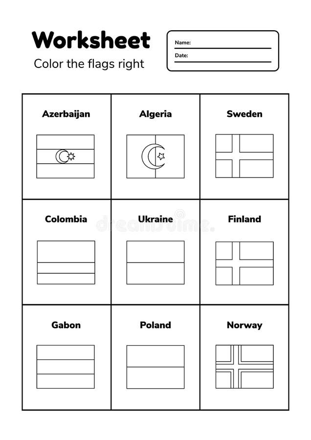 Worksheet on geography for preschool and school kids color the flags right stock illustration