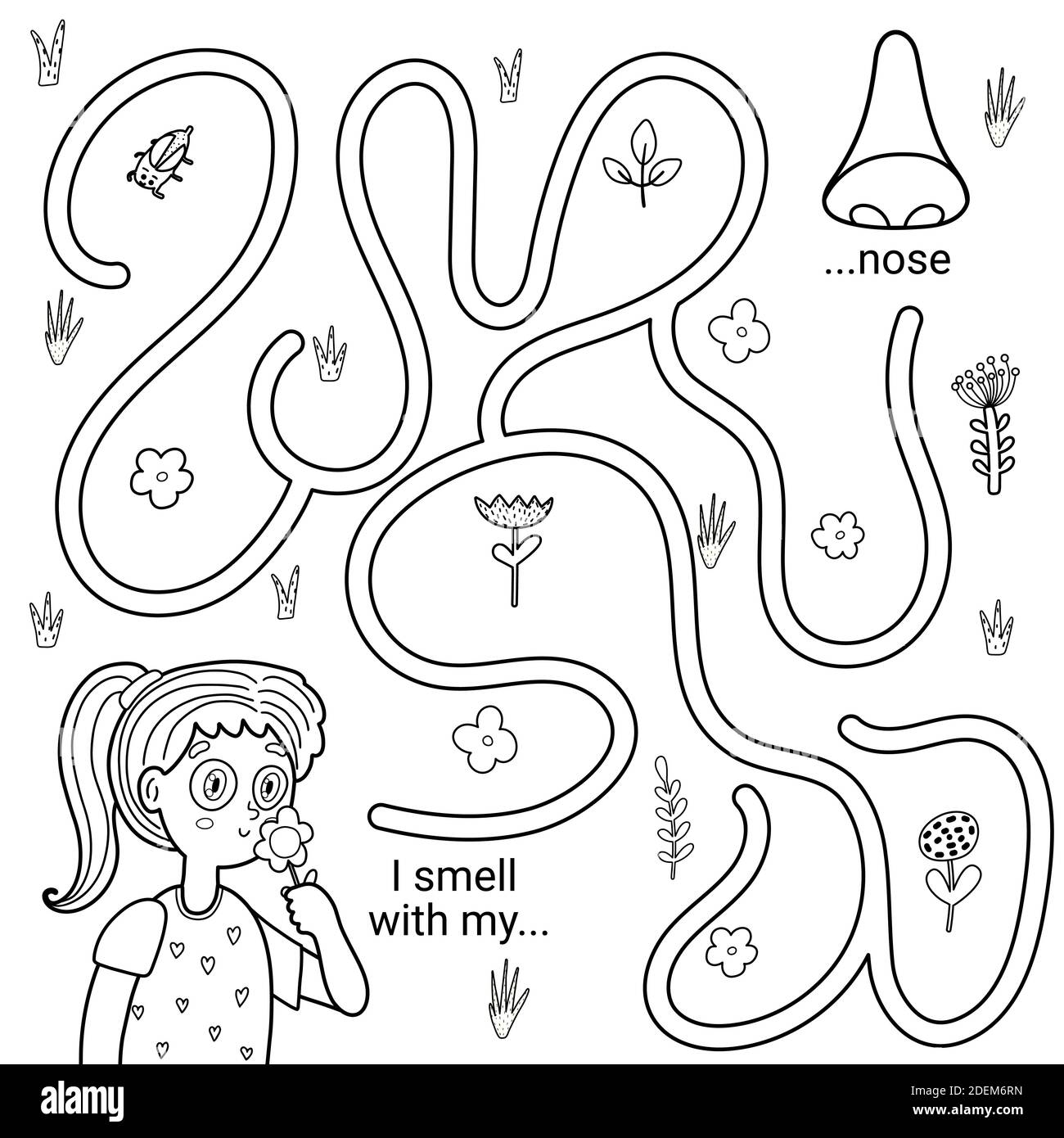 I can smell with my nose black and white maze game for kids five senses labyrinth coloring page stock vector image art