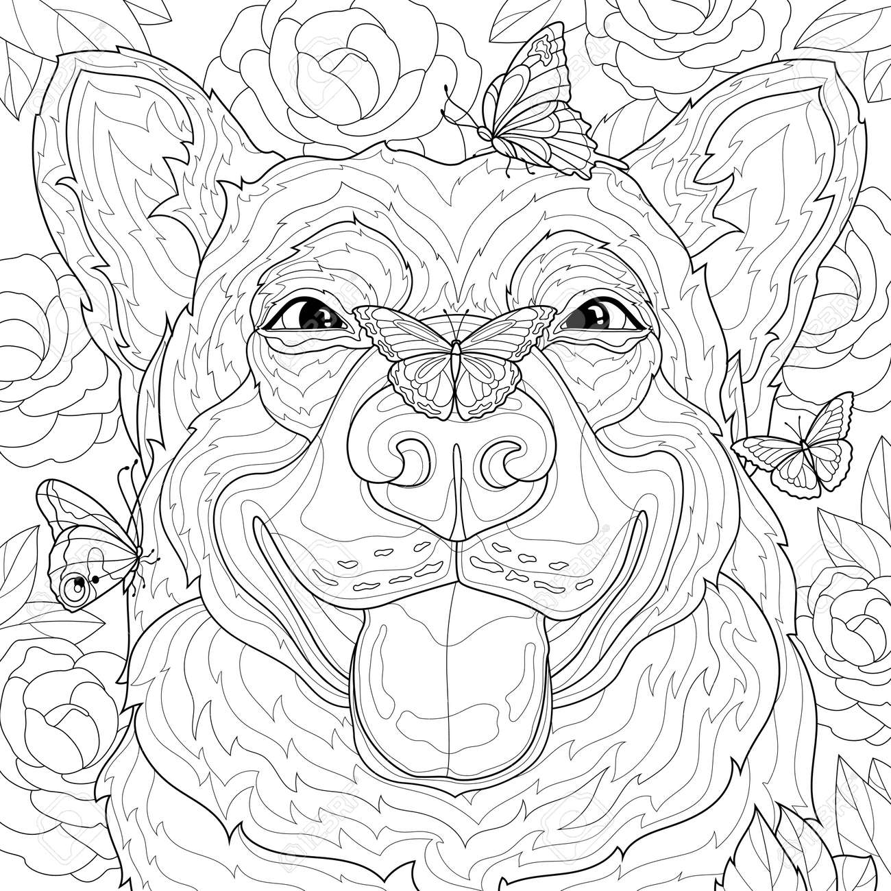 Dog with a butterfly on its nosecoloring book antistress for children and adults royalty free svg cliparts vectors and stock illustration image