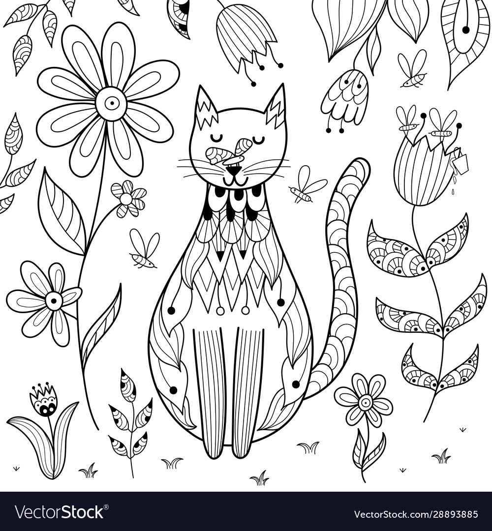 Butterfly sitting on cat nose funny coloring page vector image