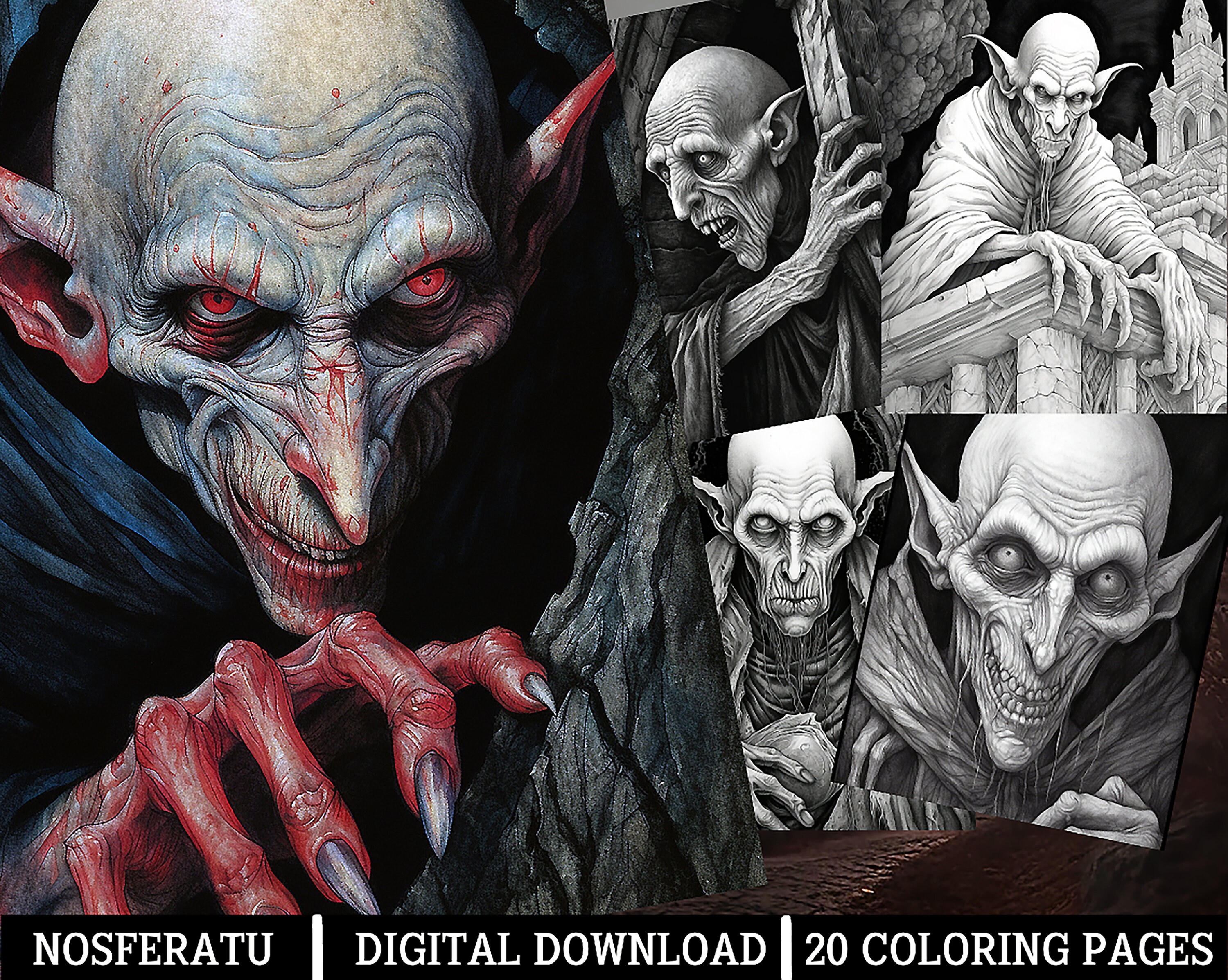 Nosferatu inspired coloring pages for adults instant download grayscale coloring page printable pngjpeg color grading horror dracula