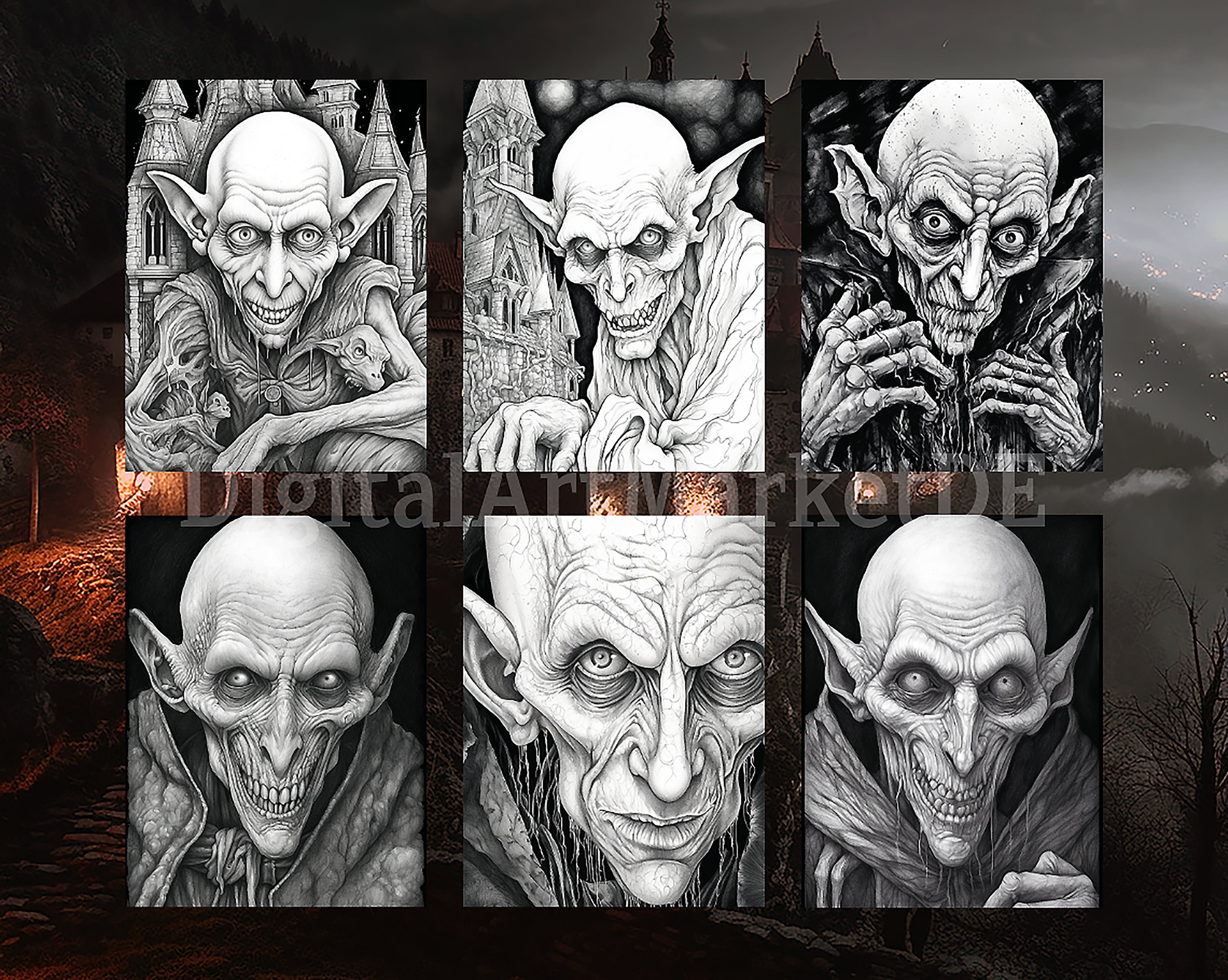 Nosferatu inspired coloring pages for adults instant download grayscale coloring page printable pngjpeg color grading horror dracula