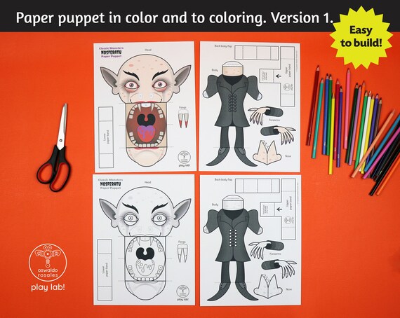 Nosferatu paper puppet halloween holiday printable papercraft paper toy instant download diy craft decoration coloring