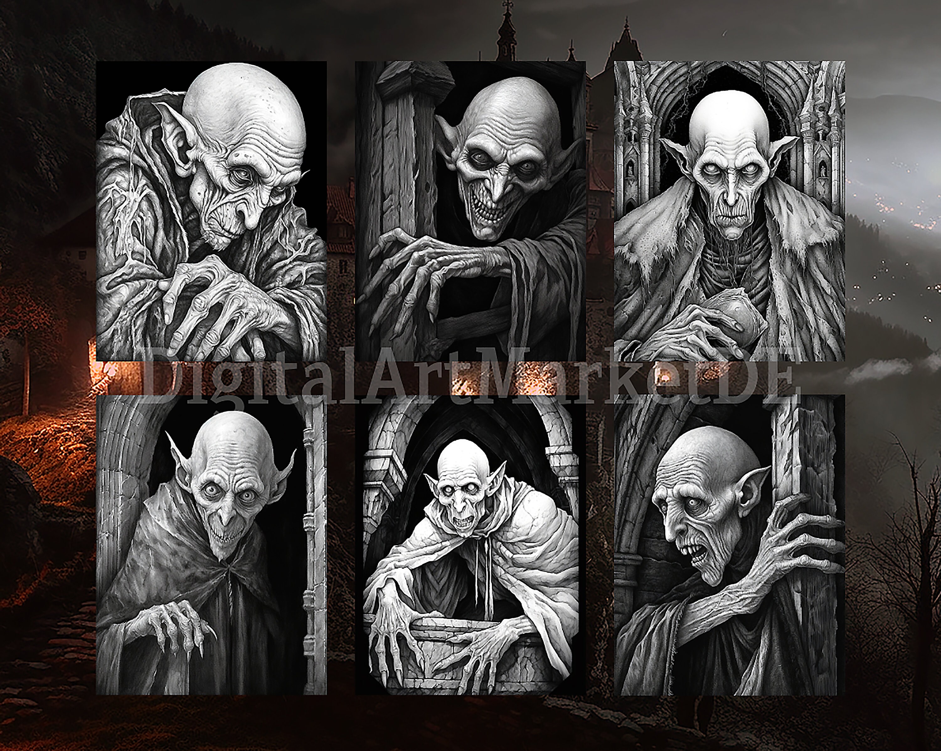 Nosferatu inspired coloring pages for adults instant download grayscale coloring page printable pngjpeg color grading horror dracula
