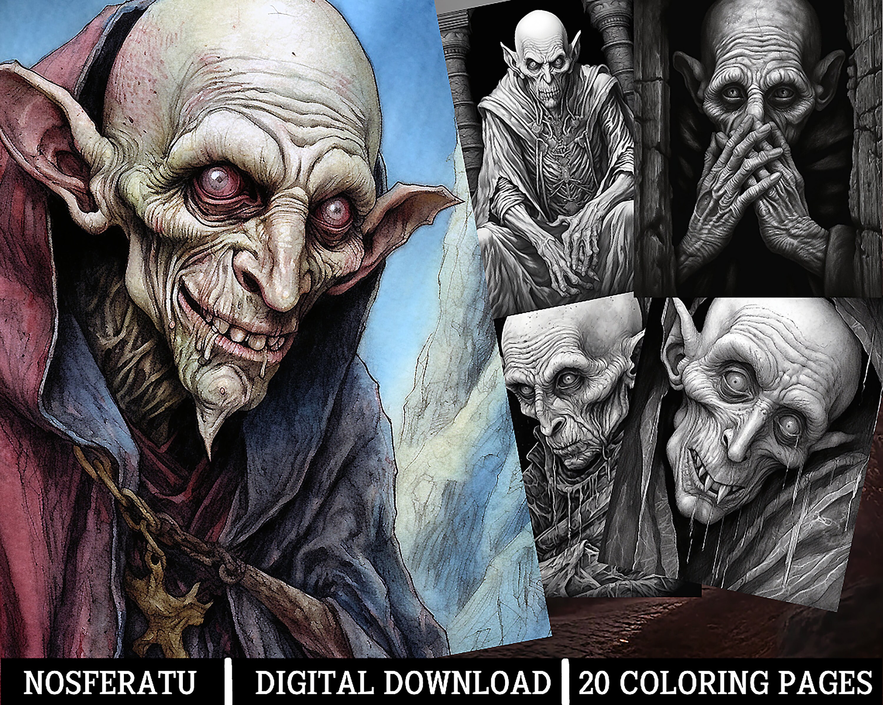 Nosferatu inspired coloring pages for adults instant download grayscale coloring page printable pngjpeg color grading horror dracula