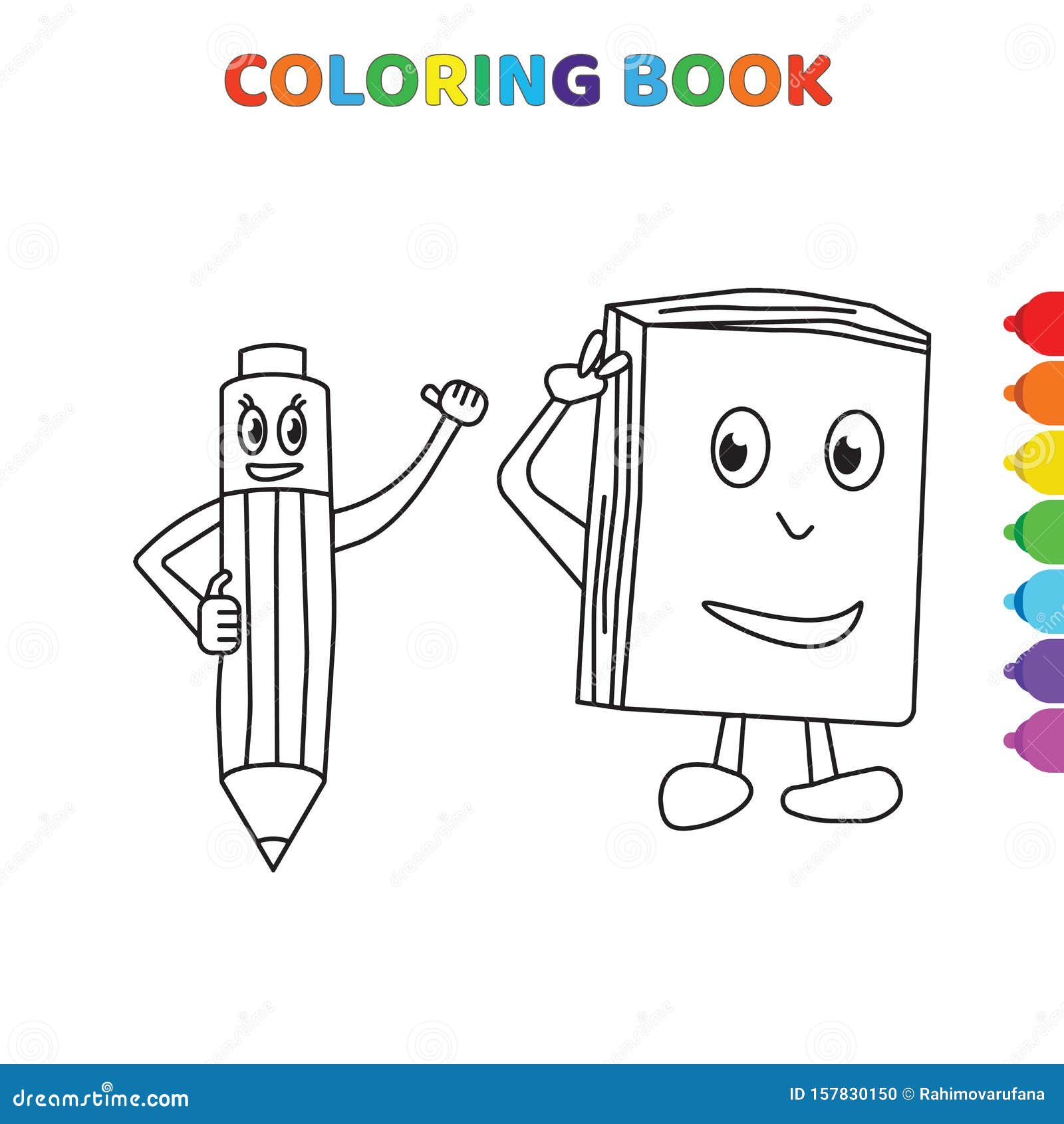 Cute cartoon happy pencil and notebook coloring book for kids black and white vector illustration for coloring book stock vector