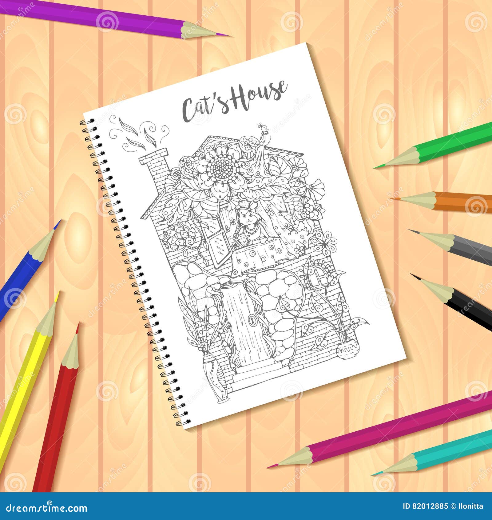 Spiral bound notepad or coloring book with pencils and picture cats house stock vector