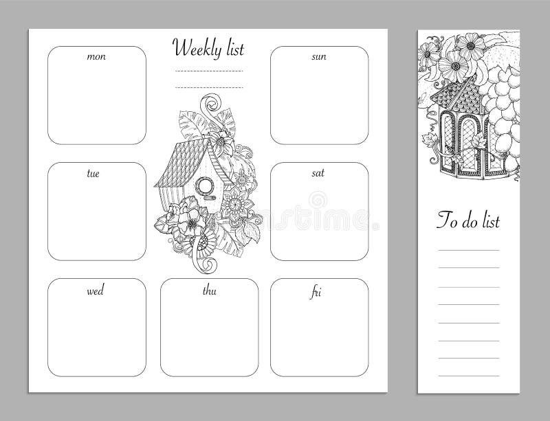 Weekly list design for notepad sketchbook diary mockup coloring page stock vector