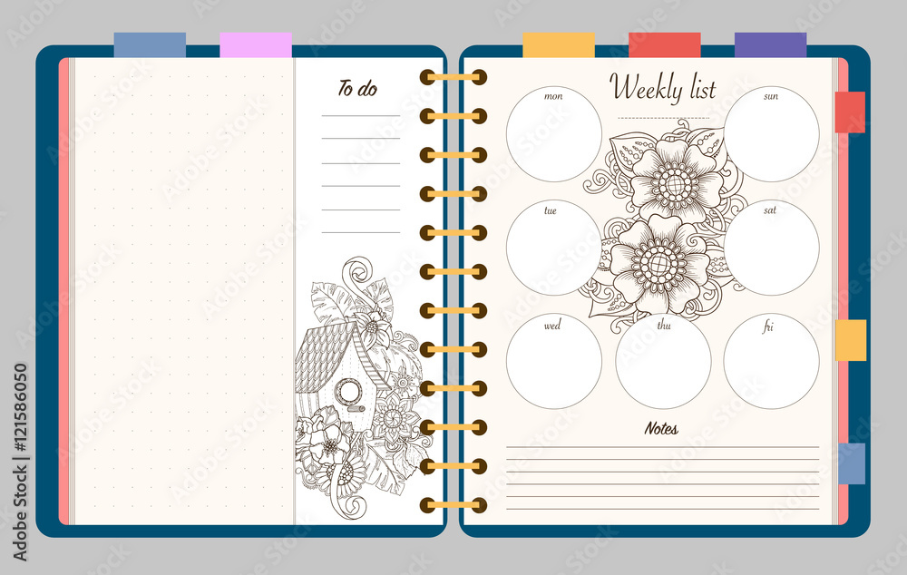 Flat design opened notepad with adult coloring page notes weekly and to do list in top view sketchbook coloring book or diary mockup vector illustration of birdhouse and flowers vector