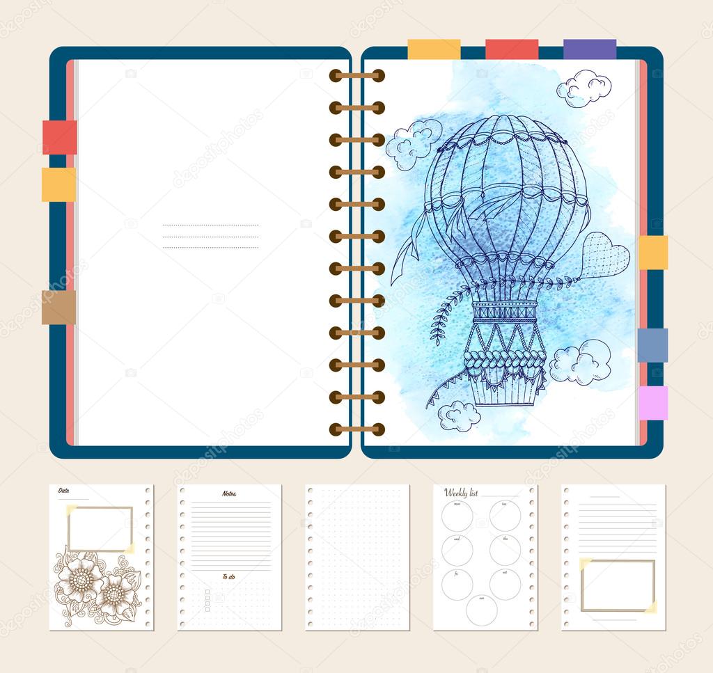 Flat design opened notepad with adult coloring page notes and to do list in top view
