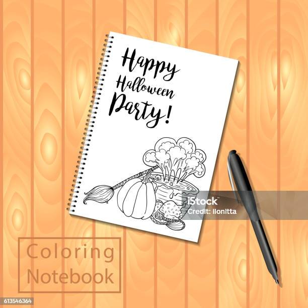 Spiral bound notepad or coloring book with pencils and halloween stock illustration