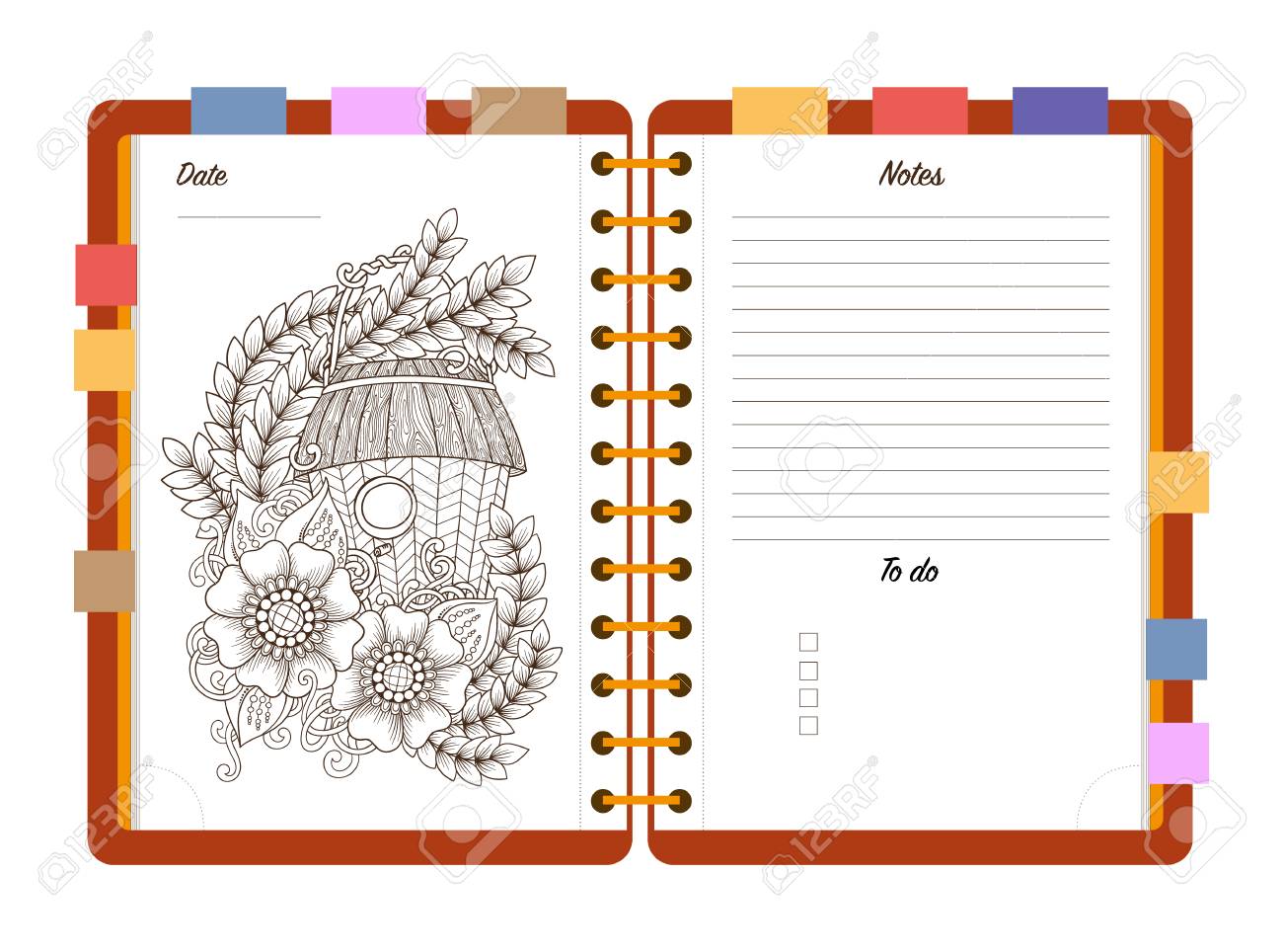Flat design opened notepad with bookmarks isolated and with adult coloring page notes and to do list in top view sketchbook coloring book or diary mockup vector illustration of birdhouse and flowers