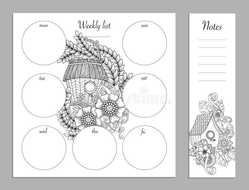 Weekly list design for notepad sketchbook diary mockup coloring page stock vector