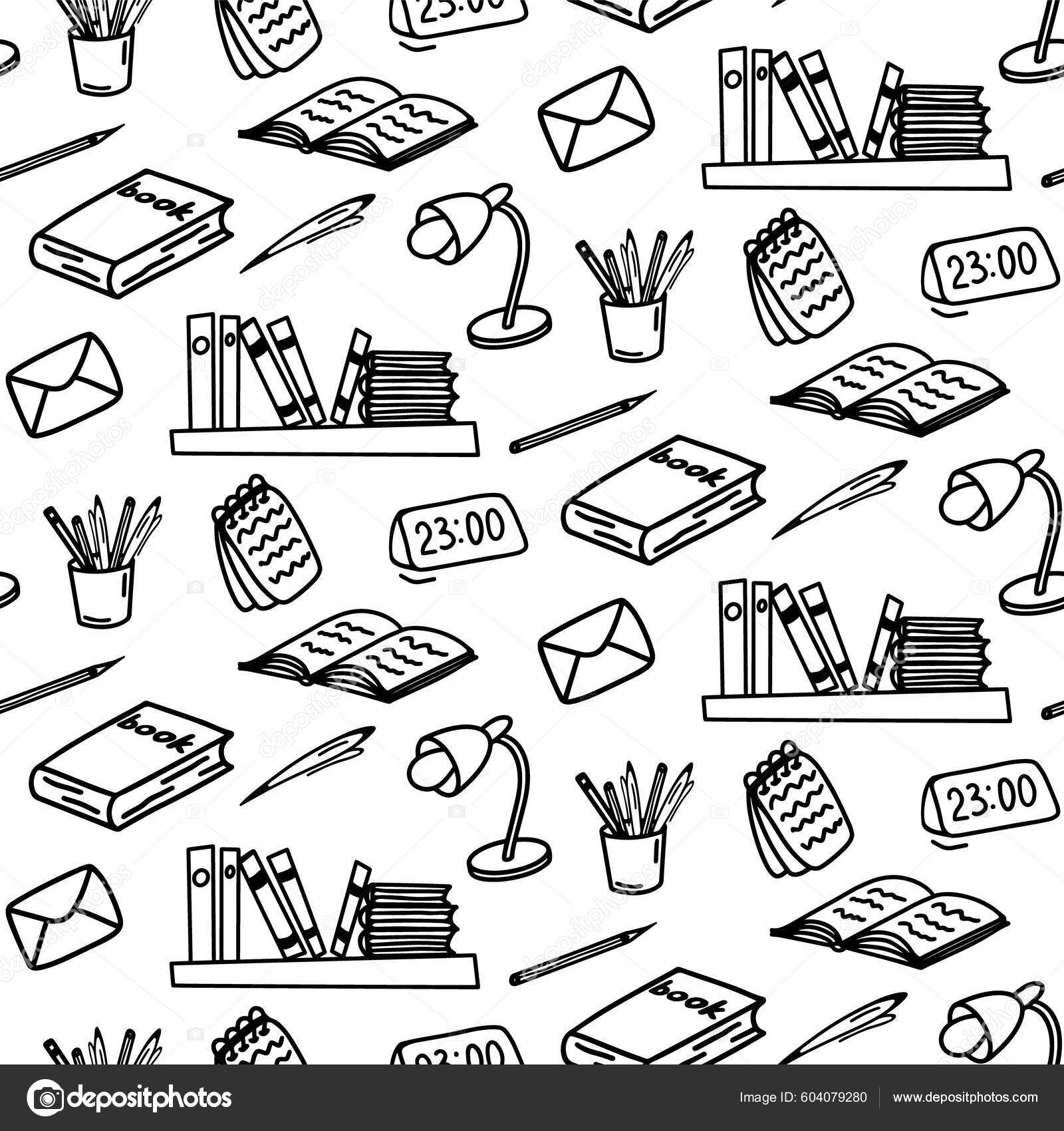 Hand drawn seamless pattern notepad notebook book table lamp pen stock vector by olyagrace