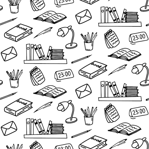 Premium vector hand drawn seamless pattern with notepad notebook book table lamp pen pencil alarm clock timer bookshelf glass with pencils on white background adult and kids coloring page school supplies