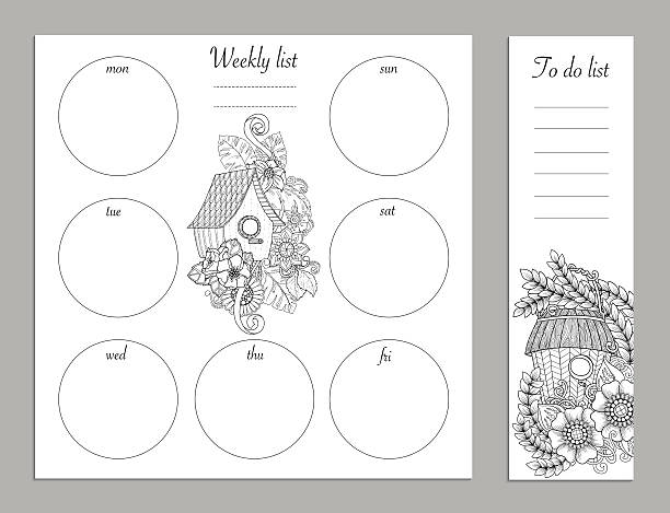 Weekly list design for notepad sketchbook diary mockup coloring page stock illustration