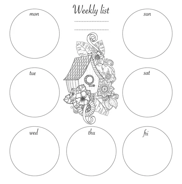 Flat design opened notepad with adult coloring page notes weekly and to do list in top view sketchbook coloring book or diary mockup vector illustration of birdhouse and flowers stock vector by