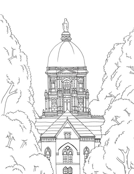Notre dame golden dome printable art adult coloring book page fighting irish artwork university campus south bend digital download