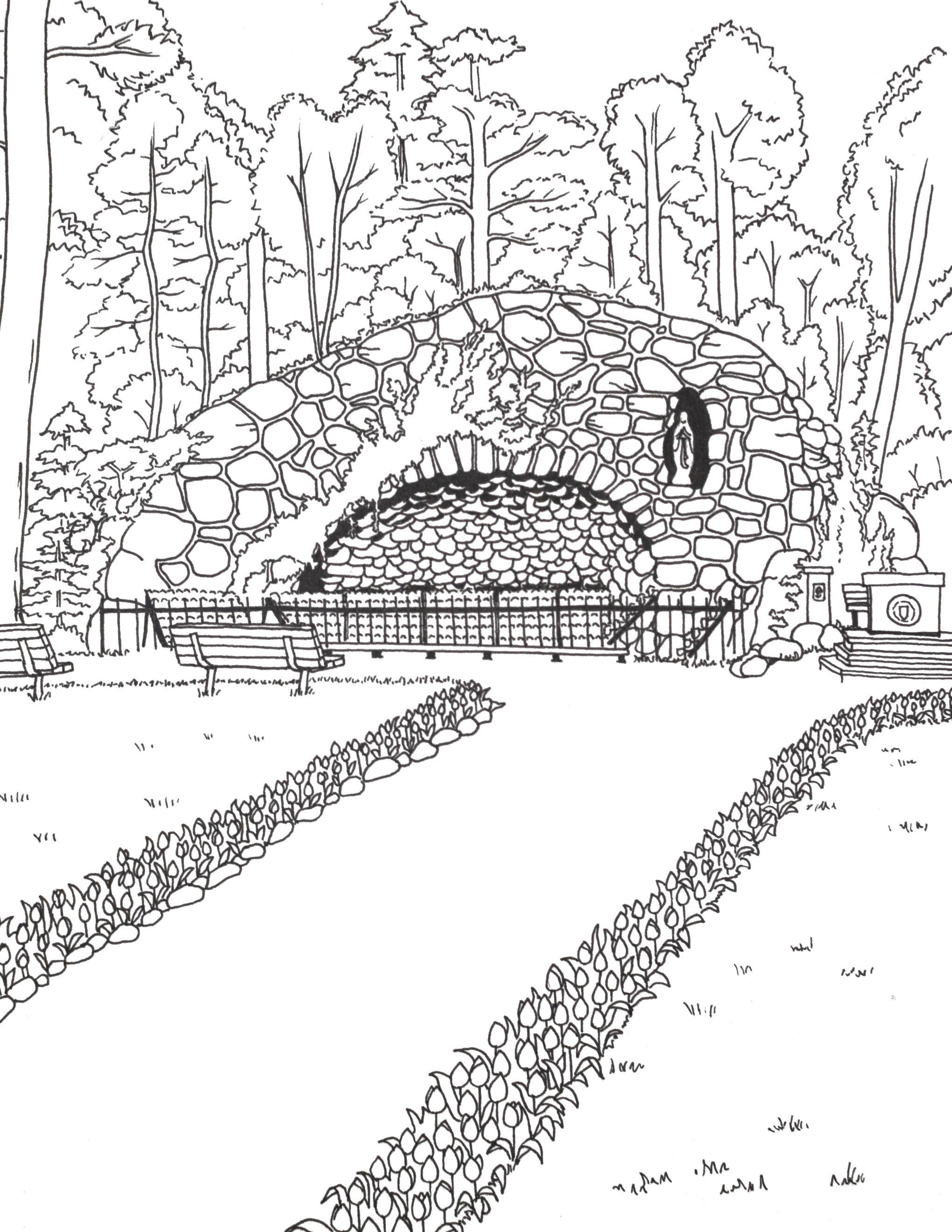 Notre dame grotto printable art adult coloring book page fighting irish artwork university campus download