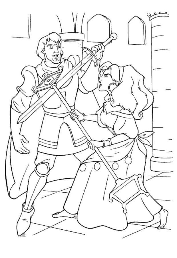 Captain phoebus and esmeralda coloring page