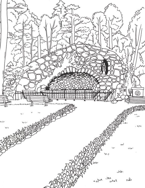 Notre dame grotto printable art adult coloring book page fighting irish artwork university campus download
