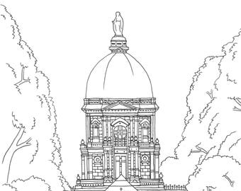 Notre dame golden dome printable art adult coloring book page fighting irish artwork university campus south bend digital download