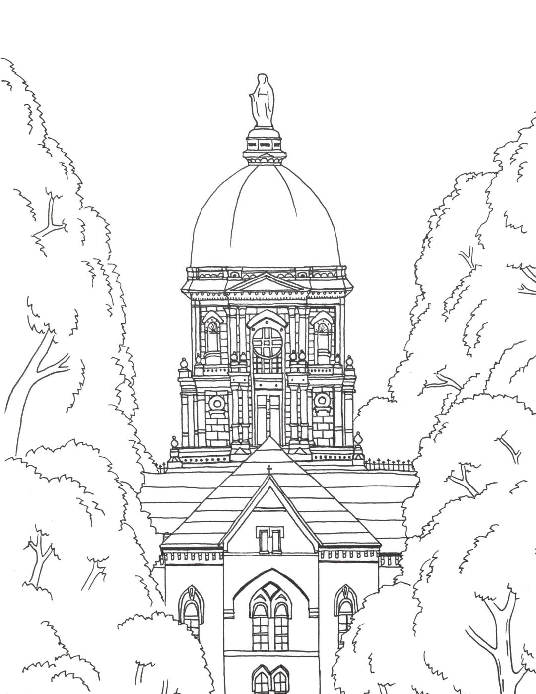 Notre dame golden dome printable art adult coloring book page fighting irish artwork university campus south bend digital download