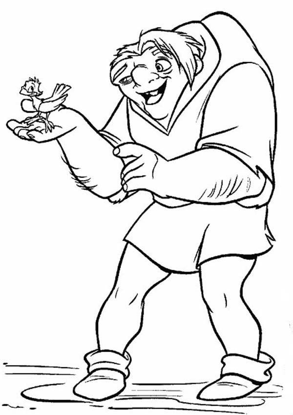Quasimodo talking to a bird in the hunchback of notre dame coloring page
