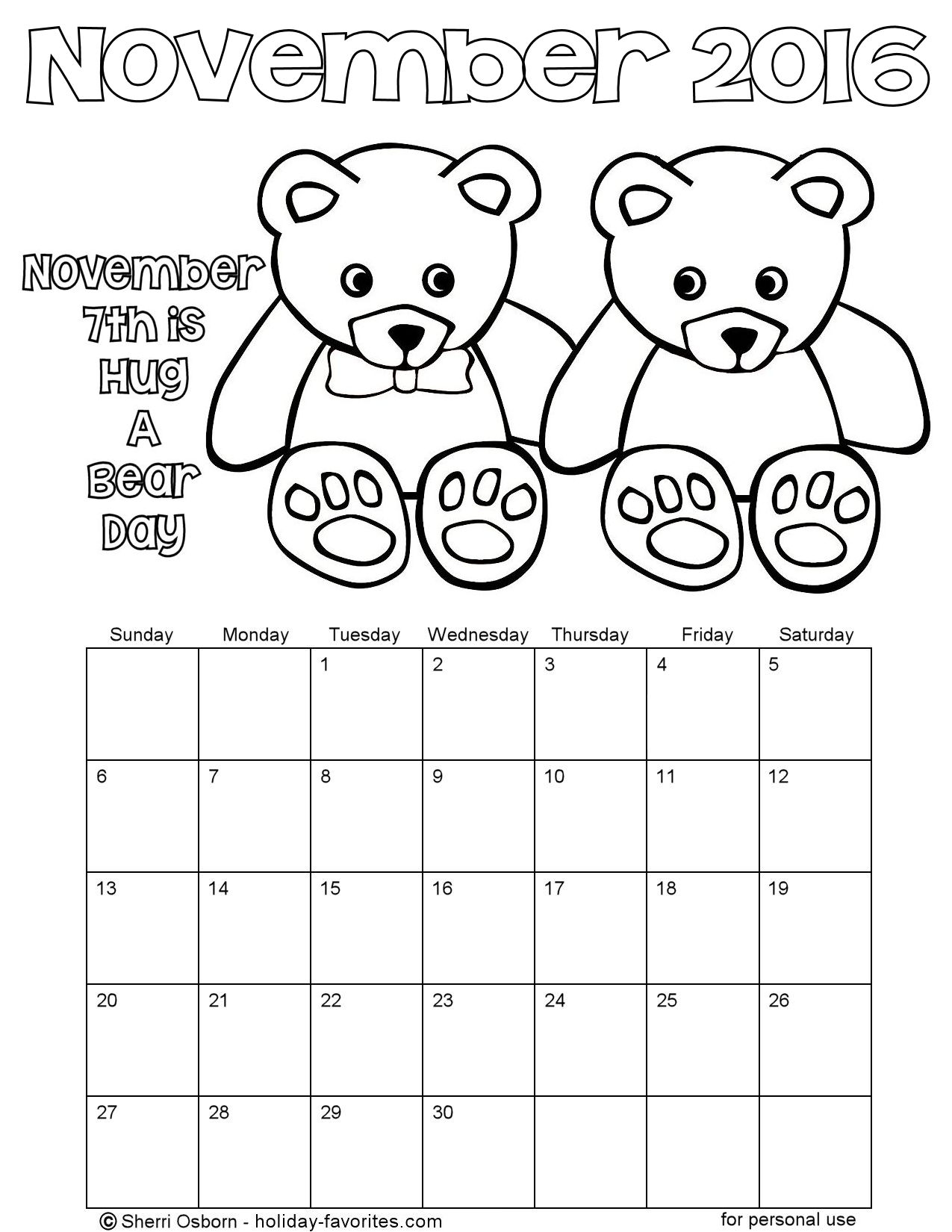 Printable november calendars holiday favorites
