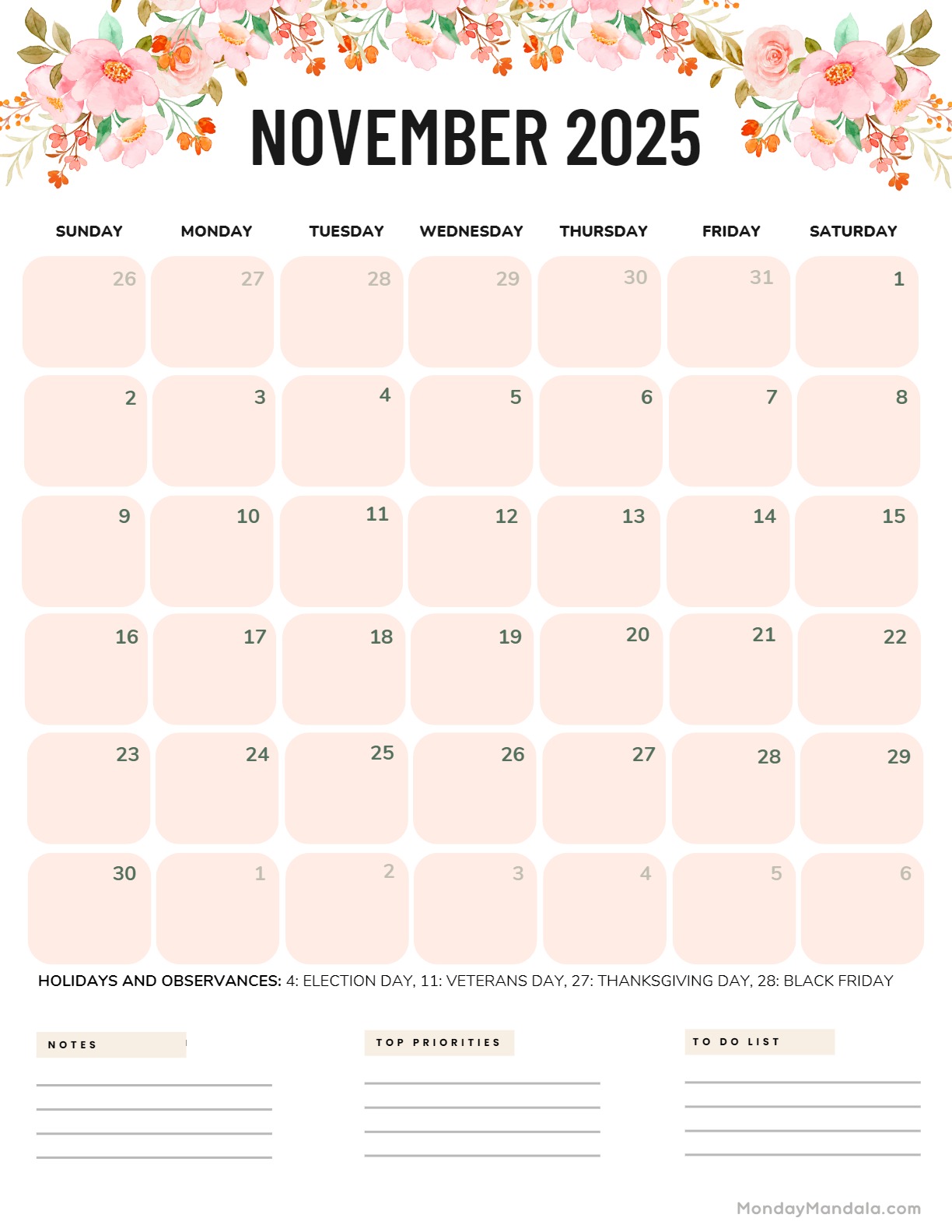 November calendar free pdf printables