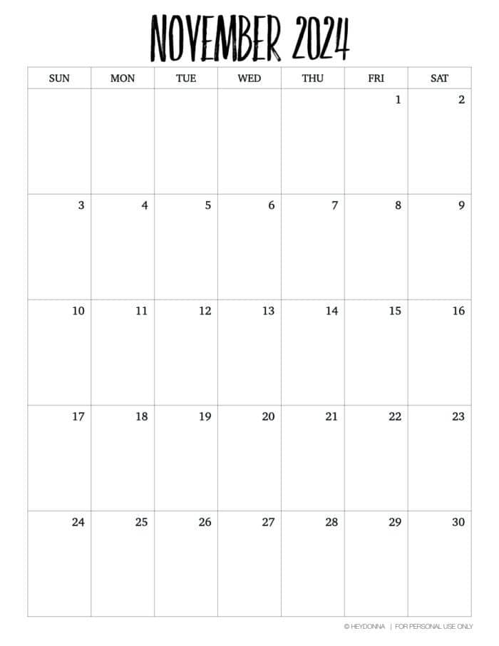 Printable november monthly calendar