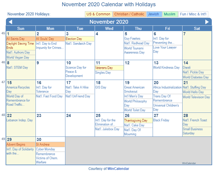 November calendar with holidays
