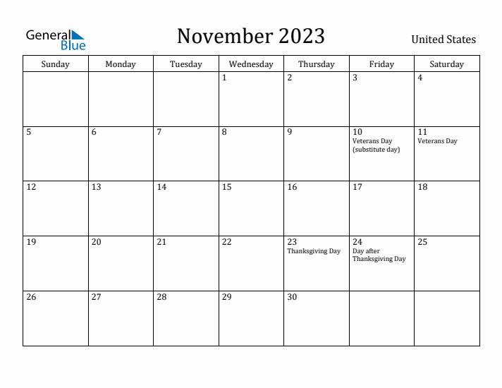 November monthly calendar with united states holidays