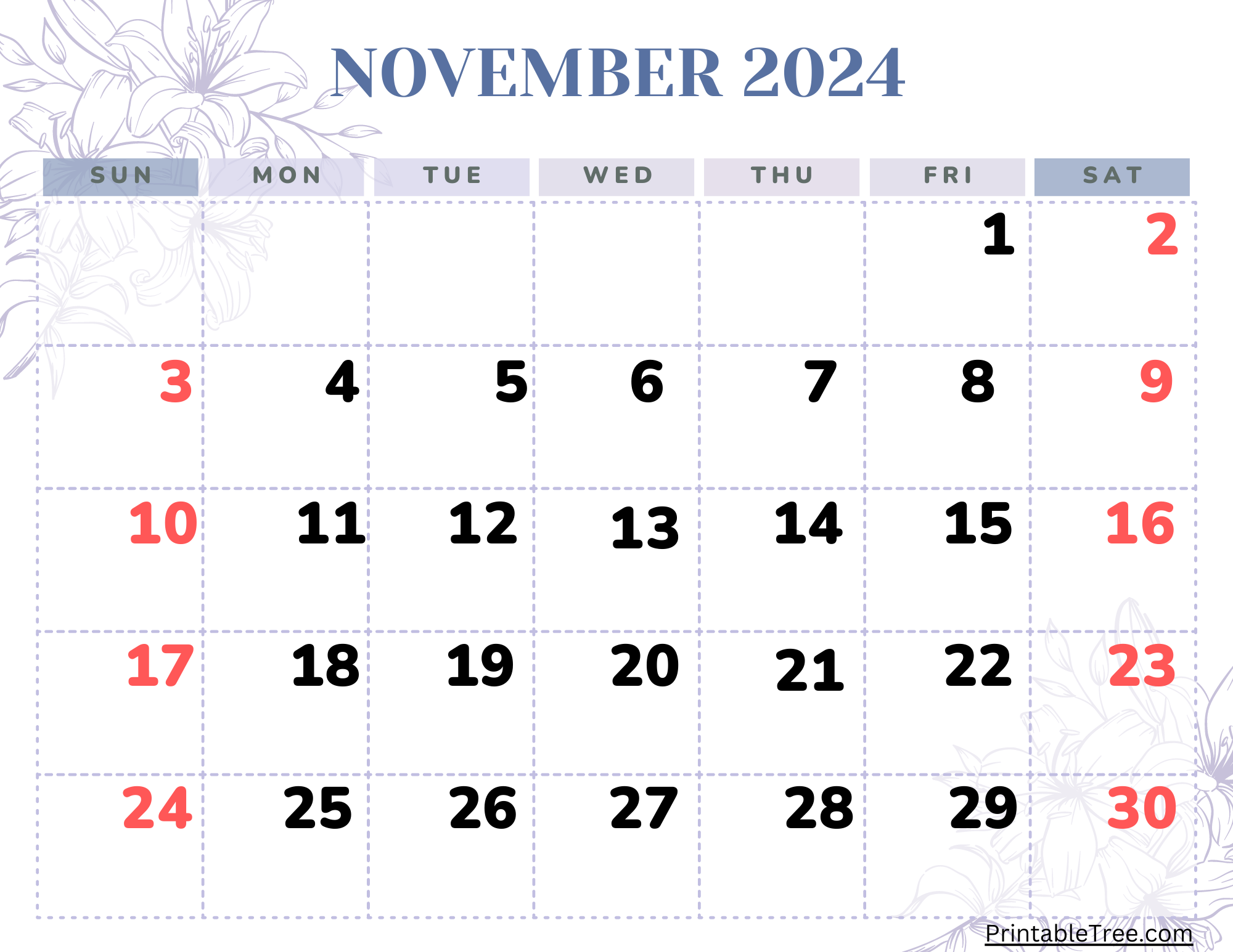 November calendar printable pdf template with holidays