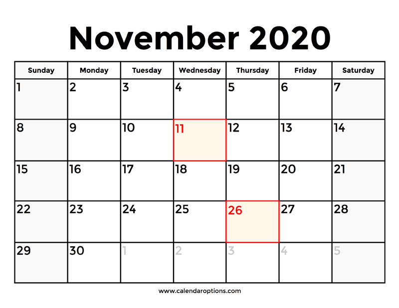 November calendar with holidays â calendar options